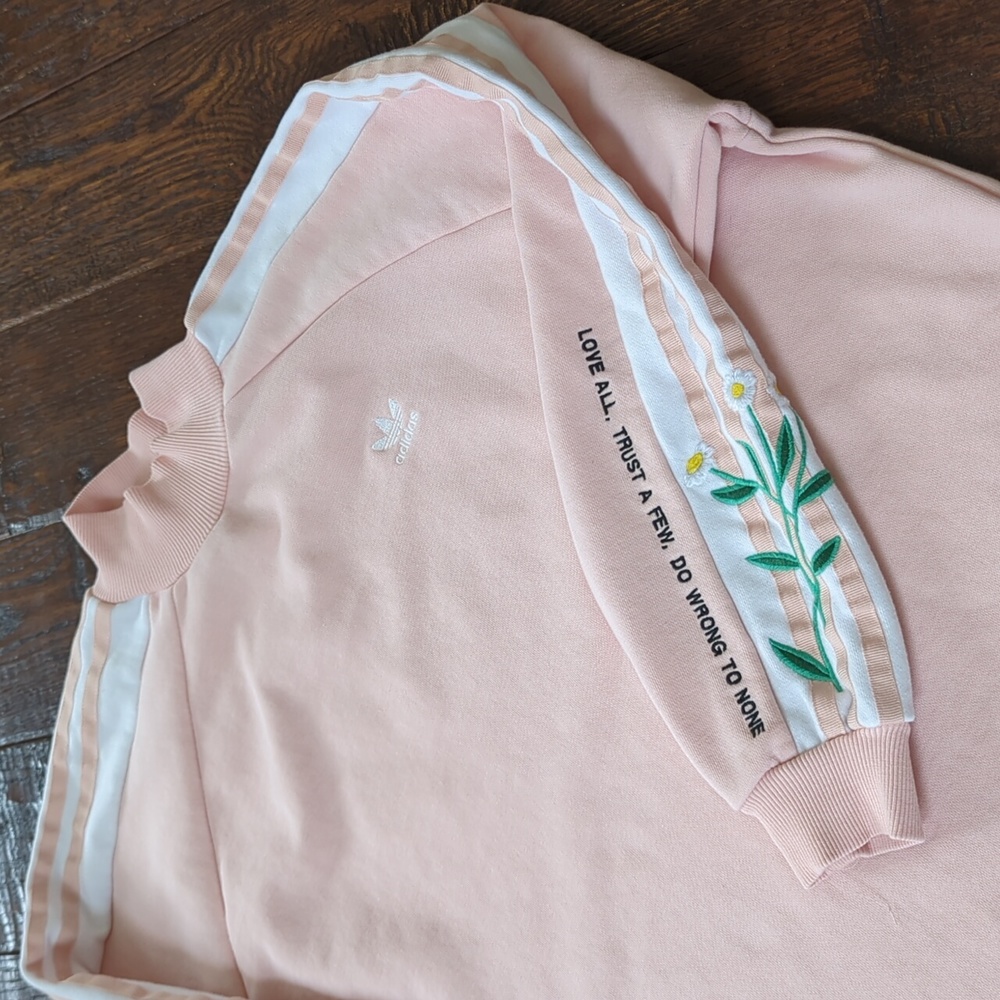 ADIDAS I Pink Turtle Neck LOVE-SET Sweatshirt w/ Embroidered Flowers & Quote, XS - Picture 1 of 15